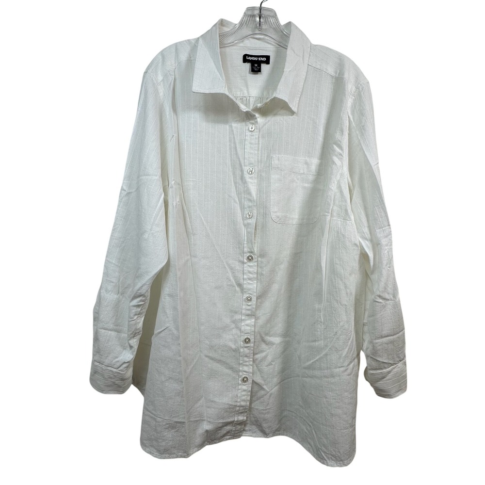 Lands End White Cotton Dobby Stripe Roll Tab Button Down Shirt Plus Size 1X